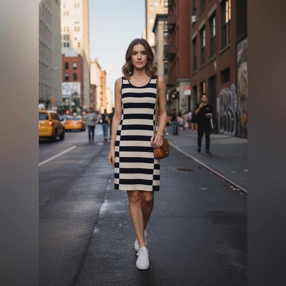 Theory Navy and Cream Striped Sleeveless Mini Dress